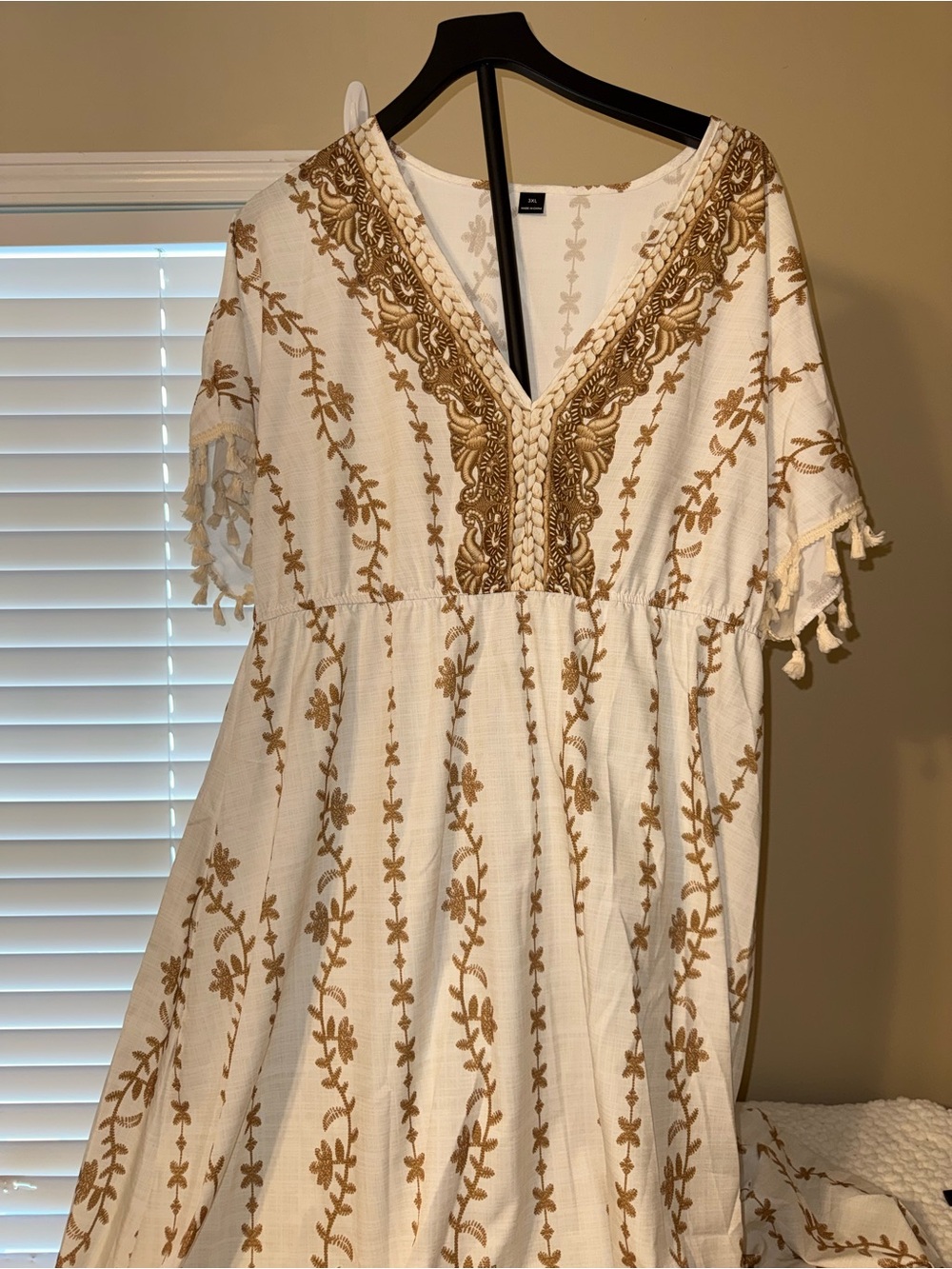 SHEIN Cream Midi Dress with Gold Embroidered V-Neck